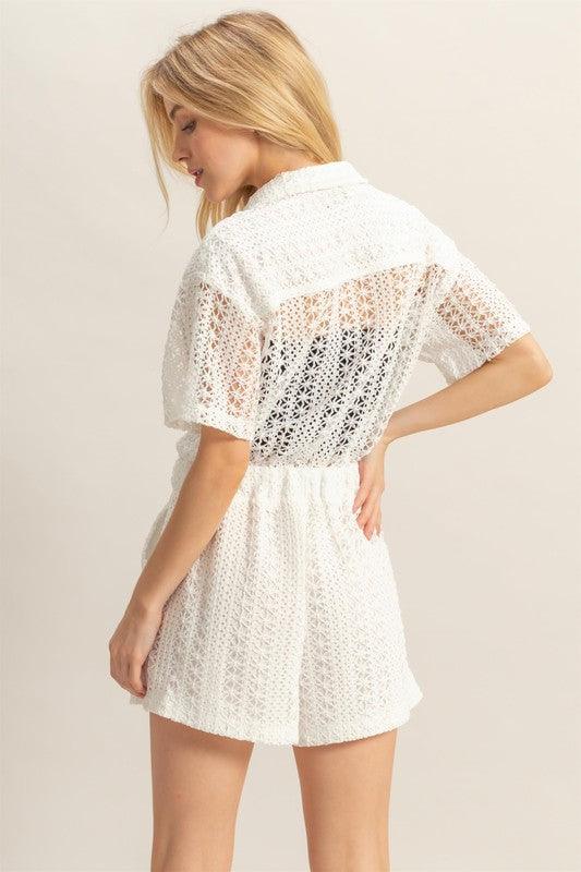 HYFVE Crochet Button Front Short Sleeve Romper Rompers