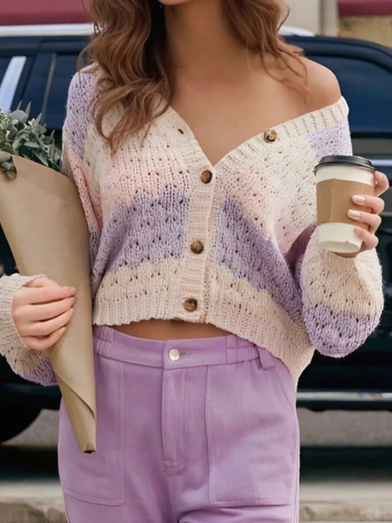 Soft off-shoulder Color Block Button Up Cardigan in cream-lavender gradient