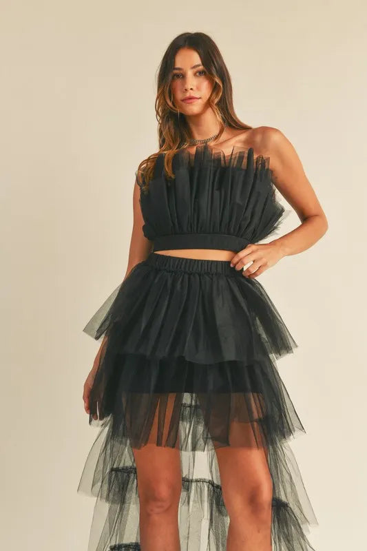 MABLE Tulle Tube Ruffle Crop Top and High Low Maxi Skirt Set Skirt Sets