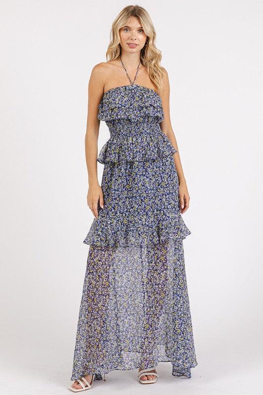 Mittoshop Ruffled Smocked Floral Halter Neck Maxi Dress - DAVERRI FASHIONS