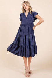 Mittoshop Ruffle Sleeve Collared V Neck Tiered Midi Dress Dark Navy S