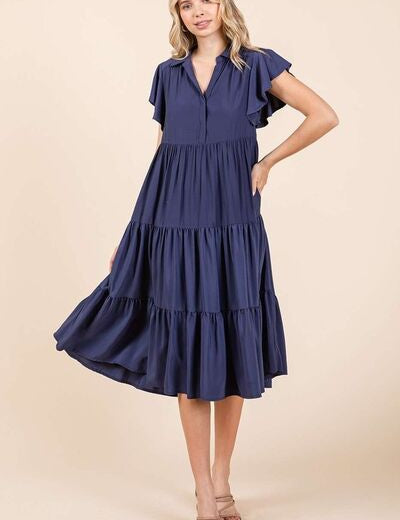 Mittoshop Ruffle Sleeve Collared V Neck Tiered Midi Dress Dark Navy S