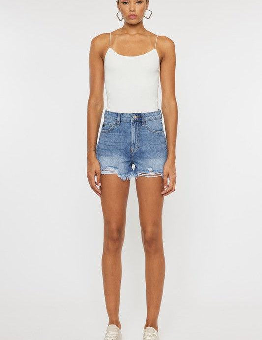 Kancan High Rise Frayed Hem Mom Denim Shorts Shorts