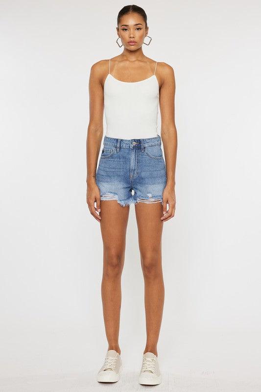 Kancan High Rise Frayed Hem Mom Denim Shorts Shorts