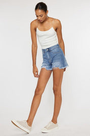 Kancan High Rise Frayed Hem Mom Denim Shorts Shorts