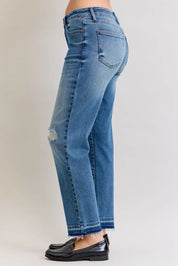 Judy Blue Full Size Mid Rise Bf Patch & Repair Destroy Release Hem Jeans Plus Size | Jeans Daverri Fashions