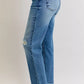 Judy Blue Full Size Mid Rise Bf Patch & Repair Destroy Release Hem Jeans Plus Size - DAVERRI FASHIONS