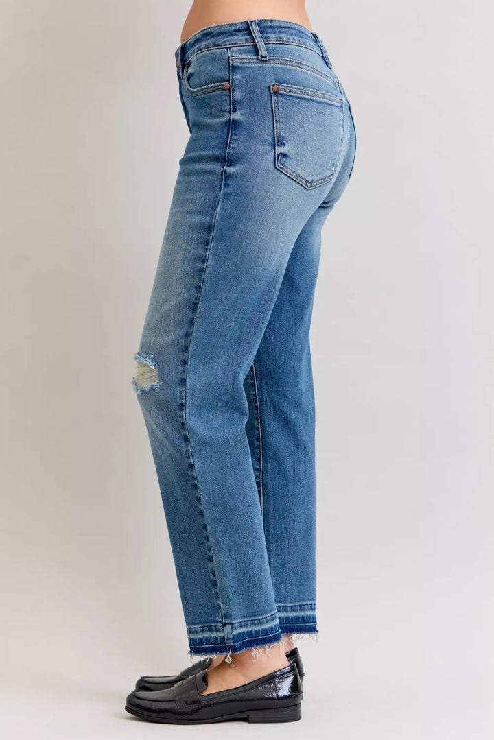 Judy Blue Full Size Mid Rise Bf Patch & Repair Destroy Release Hem Jeans Plus Size | Jeans Daverri Fashions