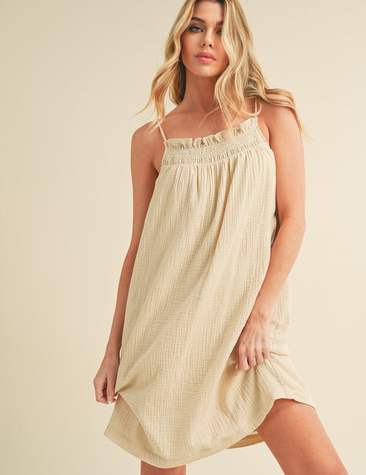 Aemi + Co Embroidered Trim Gauze Square Neck Mini Cami Dress Oatmeal Cami Dresses