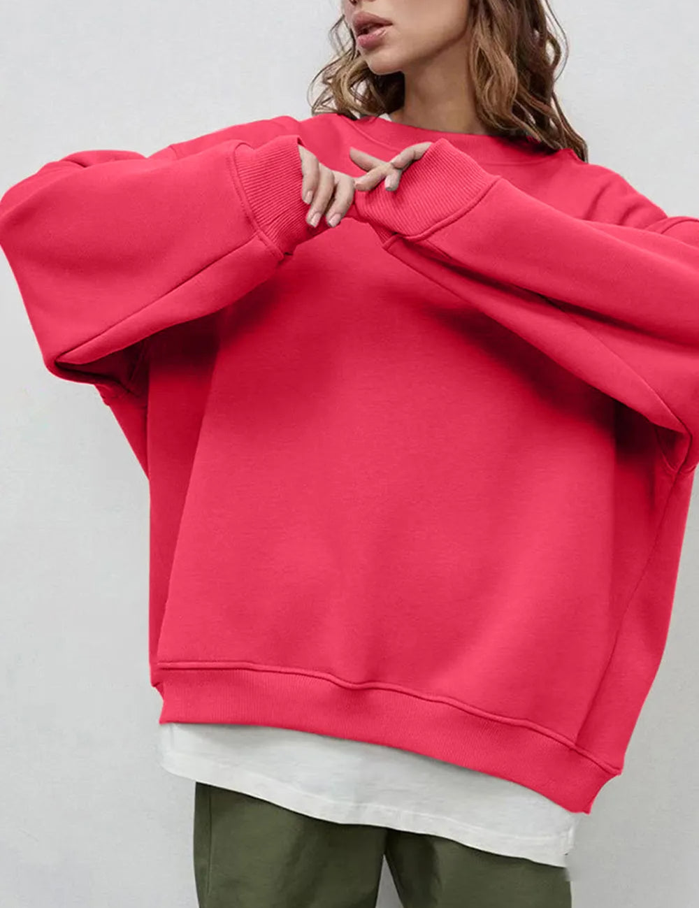 Hot Pink Round Neck Dropped Shoulder Long Sleeve Sweatshirt | Sweatshirts Daverri Fashions