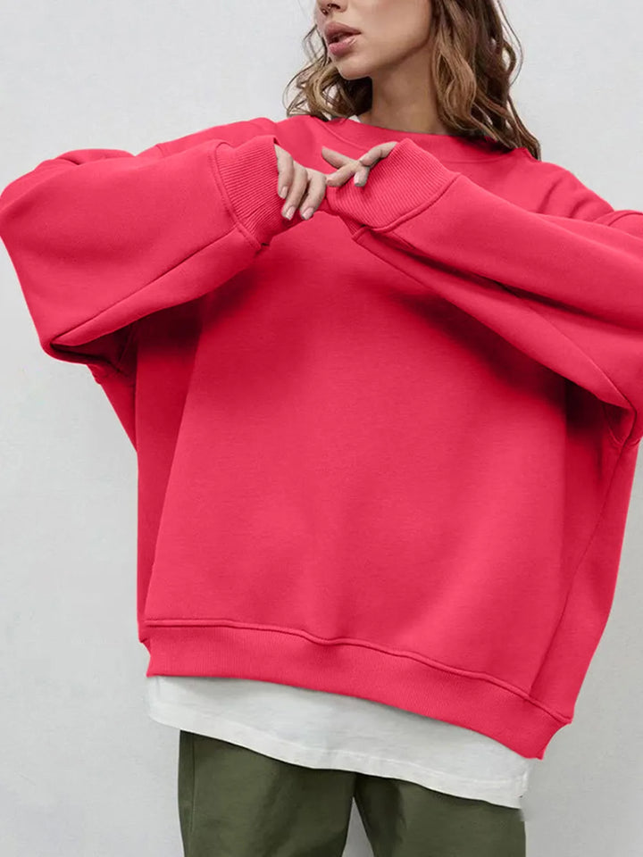 Hot Pink Round Neck Dropped Shoulder Long Sleeve Sweatshirt | Sweatshirts Daverri Fashions
