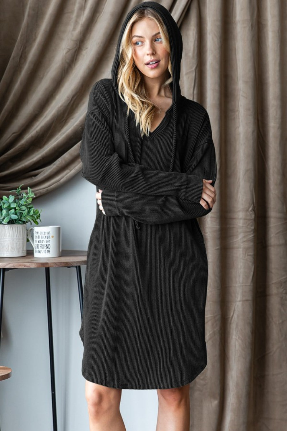 Heimish Ribbed Long Sleeve Hooded Dress Black