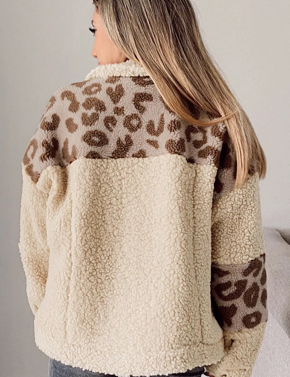 Pocketed Leopard Collared Neck Sherpa Jacket | Jackets Daverri Fashions