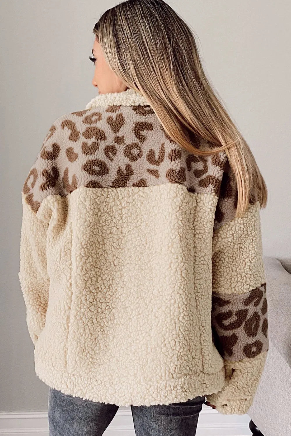 Pocketed Leopard Collared Neck Sherpa Jacket | Daverri Fashions