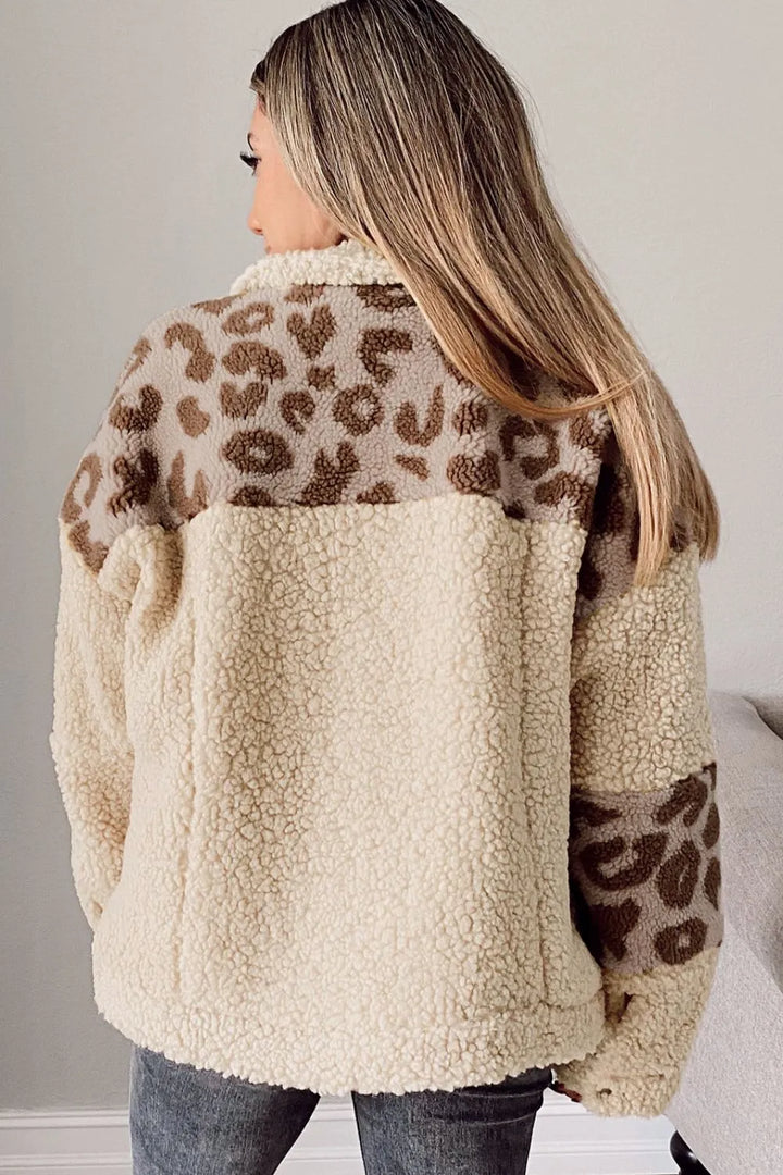 Pocketed Leopard Collared Neck Sherpa Jacket | Daverri Fashions