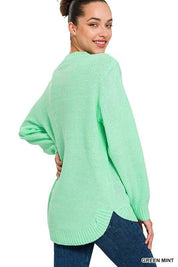 Zenana Hi-Low Long Sleeve Round Neck Sweater