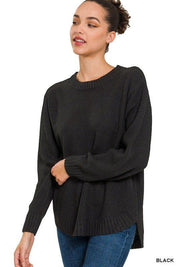 Zenana Hi-Low Long Sleeve Round Neck Sweater BLACK L