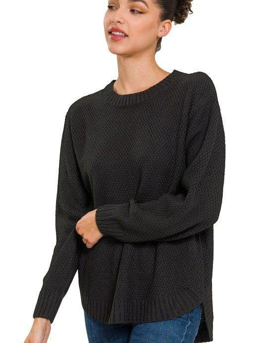 Zenana Hi-Low Long Sleeve Round Neck Sweater BLACK L