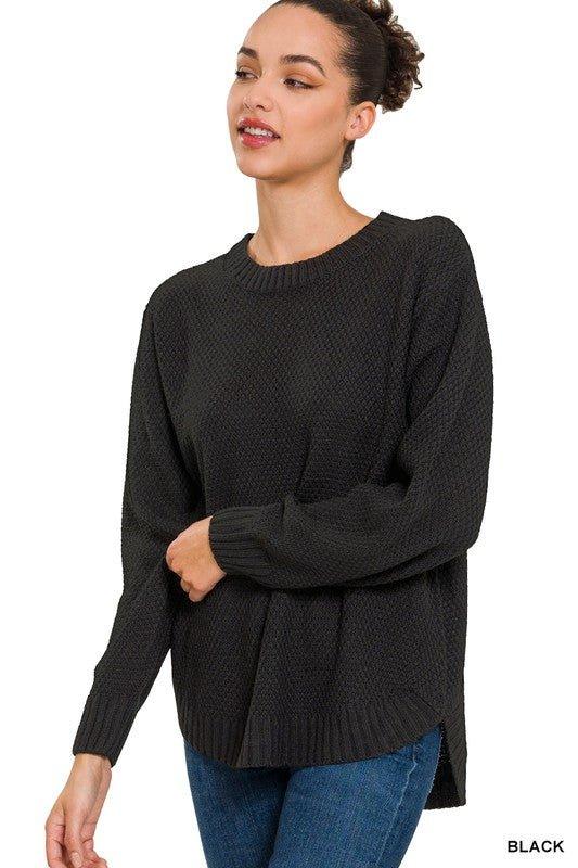 Zenana Hi-Low Long Sleeve Round Neck Sweater BLACK