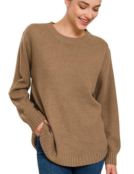 Zenana Hi-Low Long Sleeve Round Neck Sweater