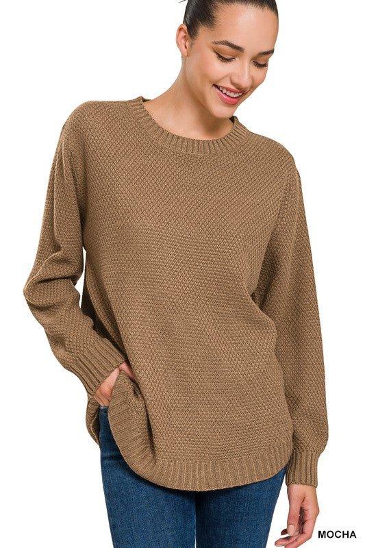 Zenana Hi-Low Long Sleeve Round Neck Sweater