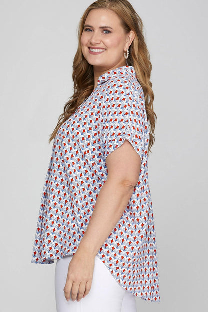 She + Sky Full Size Printed Johnny Collar Short Sleeve Blouse Plus Size - DAVERRI FASHIONS