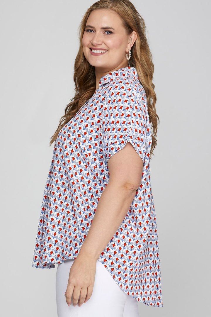 She + Sky Full Size Printed Johnny Collar Short Sleeve Blouse Plus Size Blouses