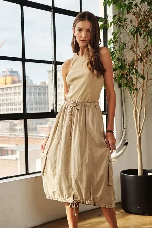 ADORA Drawstring Sleeveless Washed Dress - DAVERRI FASHIONS