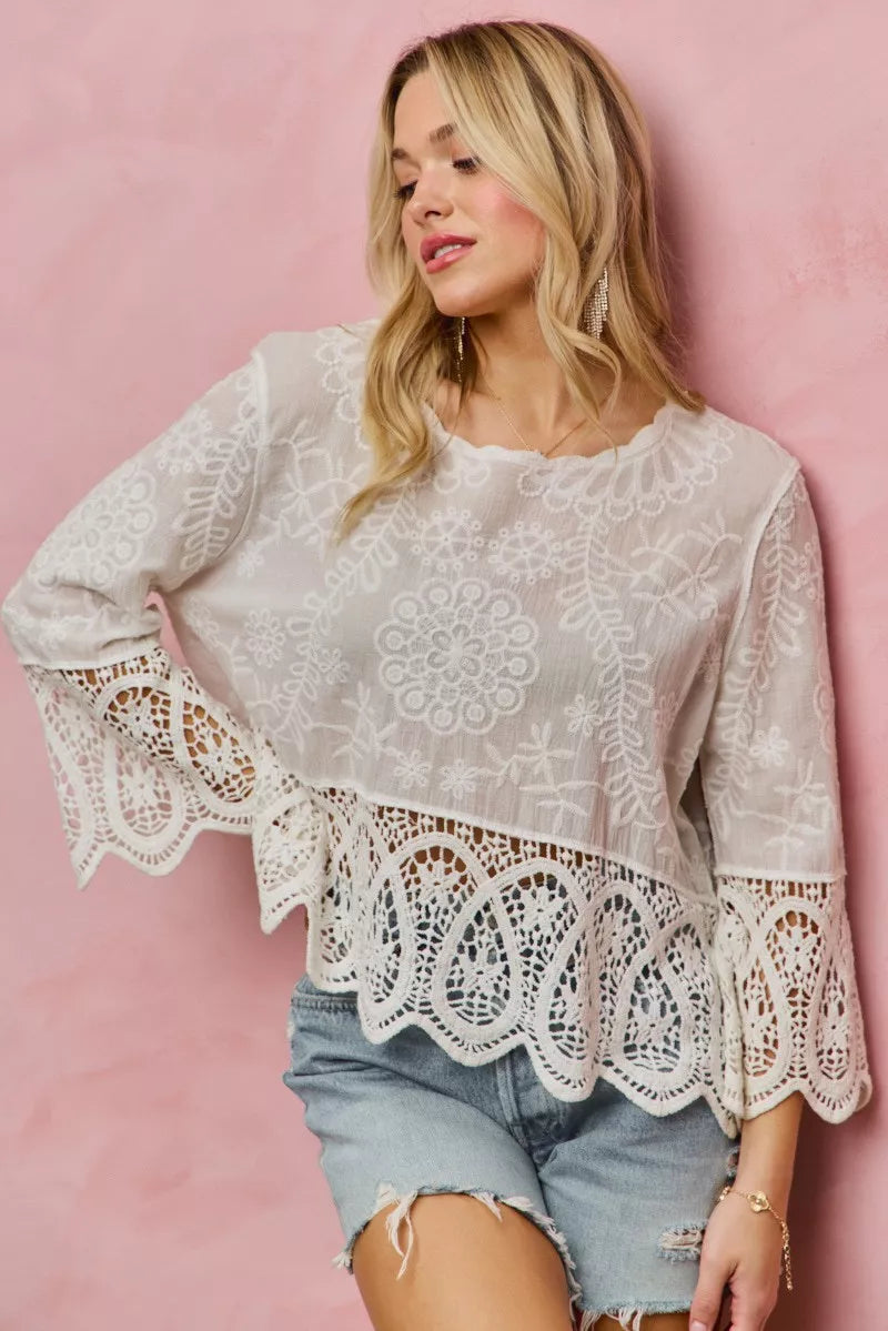 SO ME floral embroidered crochet lace trimmed top with bell sleeves