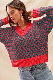HUNTER RED SO ME Color Block Textured Christmas Sweater V Neck Top | Sweaters Daverri Fashions