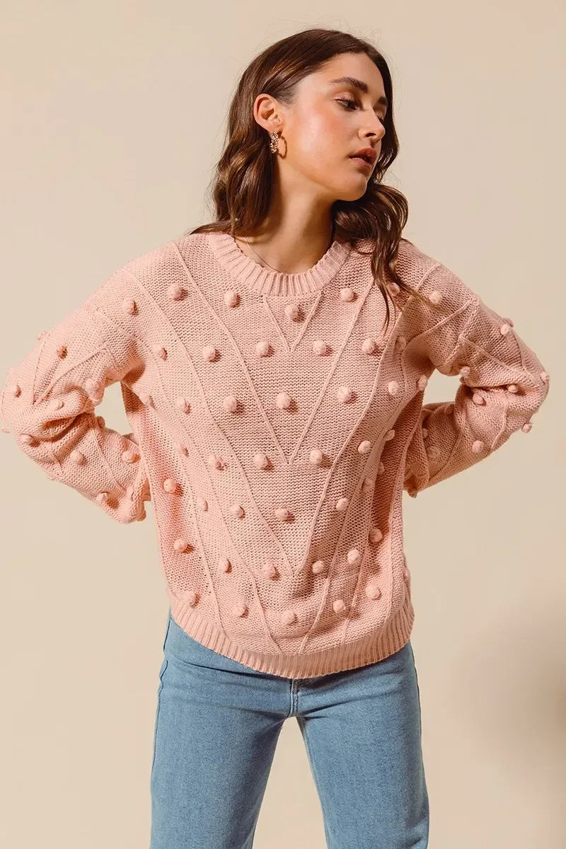SO ME Pom Pom Textured Knit Sweater Top - DAVERRI FASHIONS