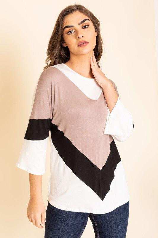 Chevron Bell Sleeve Color Block Shirts & Tops