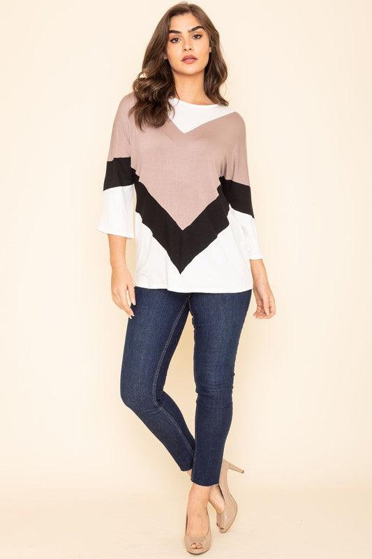 Chevron Bell Sleeve Color Block MOCHA BLACK Shirts & Tops