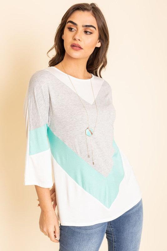 Chevron Bell Sleeve Color Block Grey Mint Shirts & Tops