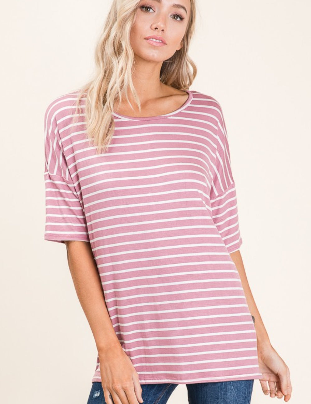 Mauve BOMBOM Striped Round Neck Half Sleeve T-Shirt | Daverri Fashions