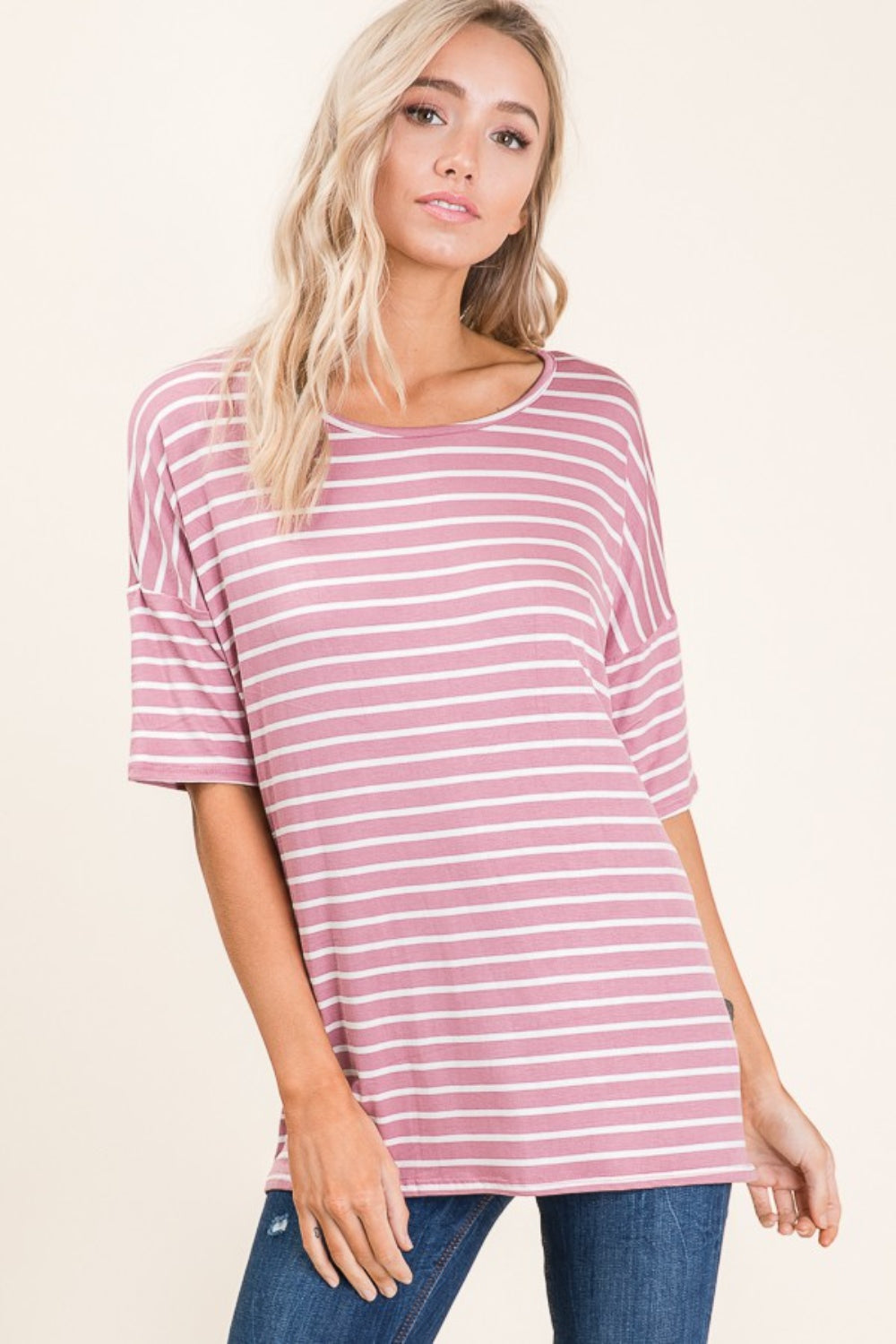 BOMBOM Striped Round Neck Half Sleeve T-Shirt Mauve