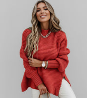 Red Full Size Side Slit Loose Fit Mock Neck Sweater | Sweaters Daverri Fashions