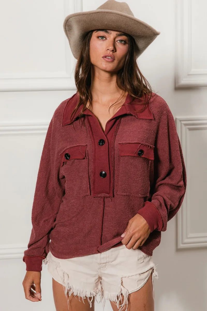 BiBi Cp French Terry Cut Edge Detail Collared Top | Tops Daverri Fashions