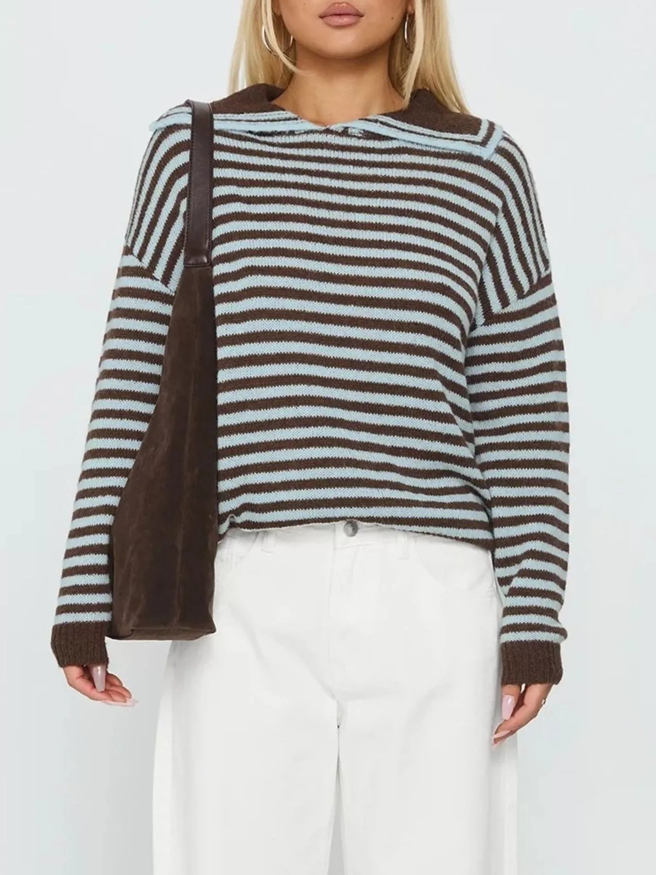 Women’s dark brown striped hooded knit sweater with ribbed cuffs