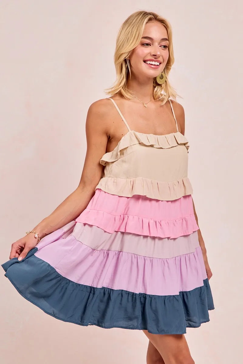 BiBi Color Blocked Tiered Dress Mini Dresses