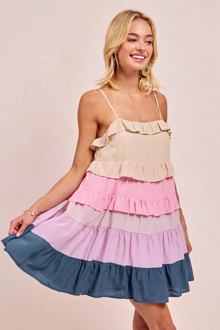 BiBi Color Blocked Tiered Dress Mini Dresses