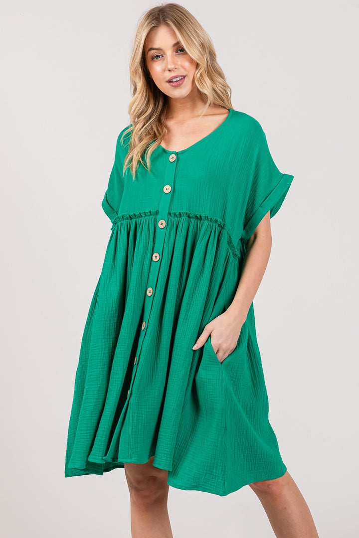 SAGE + FIG Full Size Button Up Short Sleeve Dress Knee Length Dresses