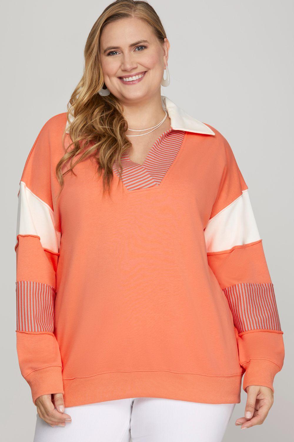 She + Sky Full Size Color Block Sleeve Johnny Collar French Terry Sweatshirt Plus Size Sweatshirts