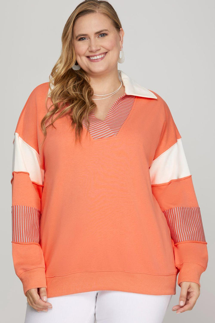 She + Sky Full Size Color Block Sleeve Johnny Collar French Terry Sweatshirt Plus Size Sweatshirts