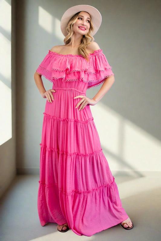 Off the Shoulder Ruffle Maxi Dress BUBBLE GUM Maxi Dresses