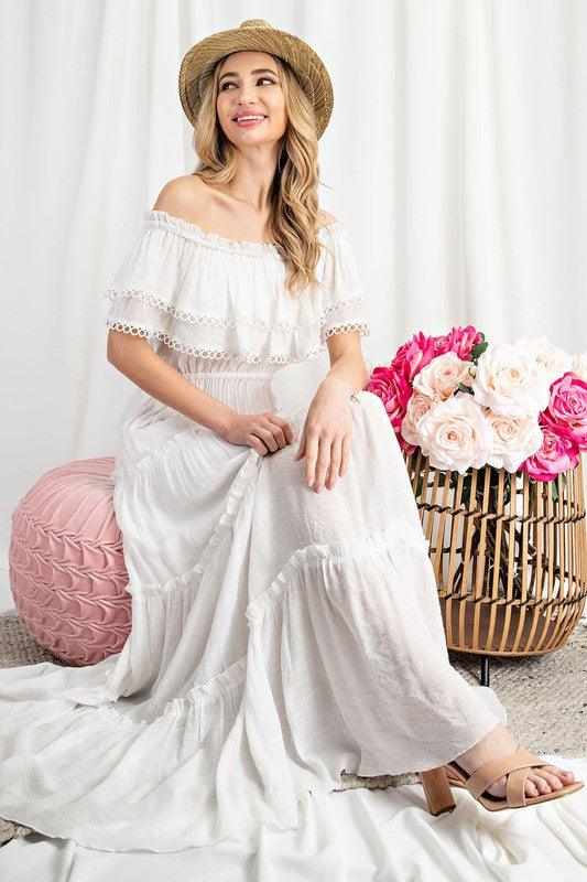 Off the Shoulder Ruffle Maxi Dress OFF WHITE L Maxi Dresses