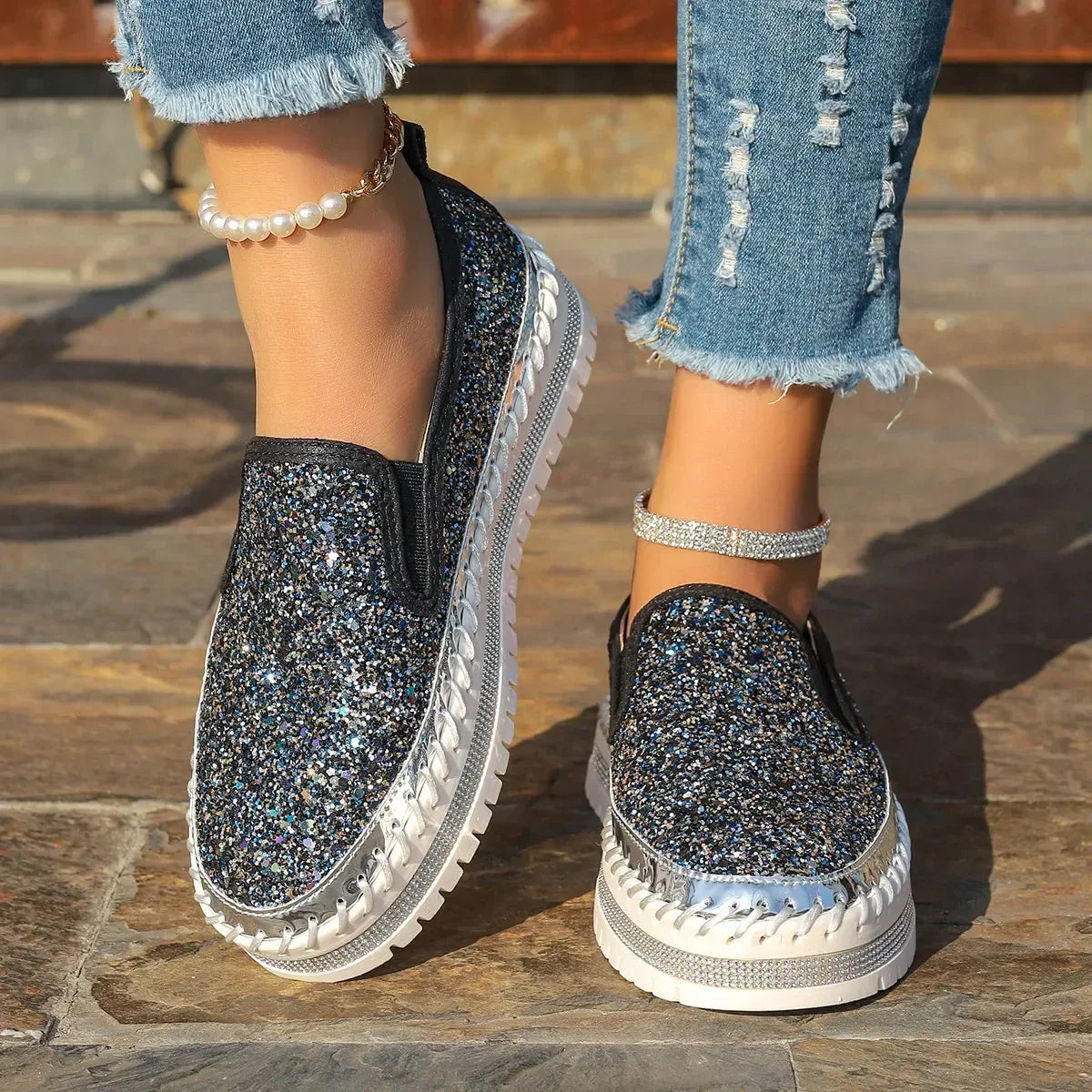 Rhinestone Round Toe Platform Loafers - DAVERRI FASHIONS