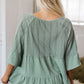 Laurel Green Tie Split Neck Textured Ruffle Blouse in soft sage green