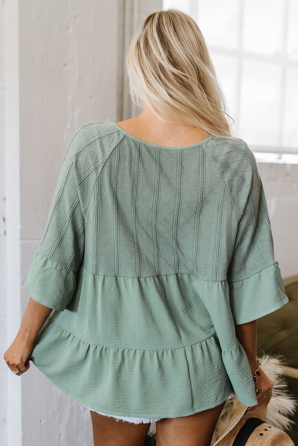 Laurel Green Tie Split Neck Textured Ruffle Blouse in soft sage green