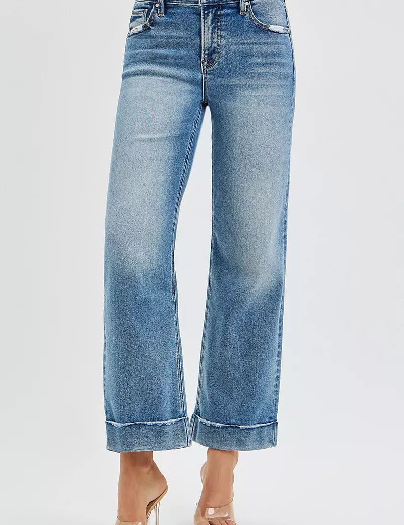 RISEN Full Size Mid Rise Crop Straight Jeans with Taylor Cuffed Plus Size | Jeans Daverri Fashions